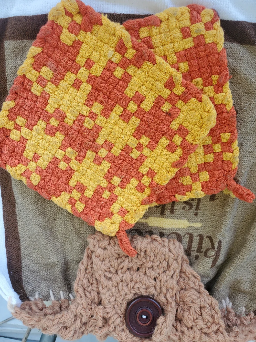 Hand Crafted Yellow and Orange Cotton Kitchen Linens Set